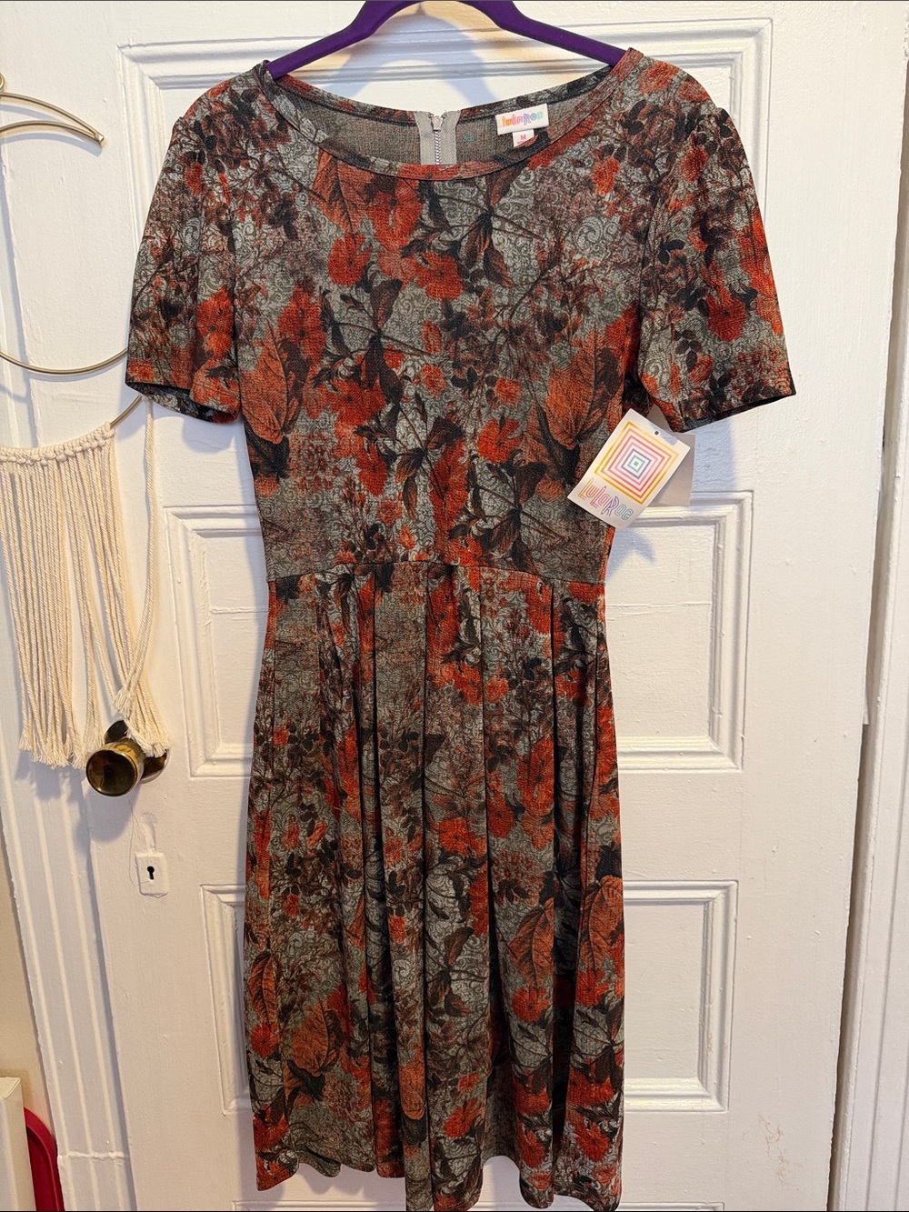 LuLaRoe Floral Fit & Flare Amelia Dress in Burnt Orange and Gray